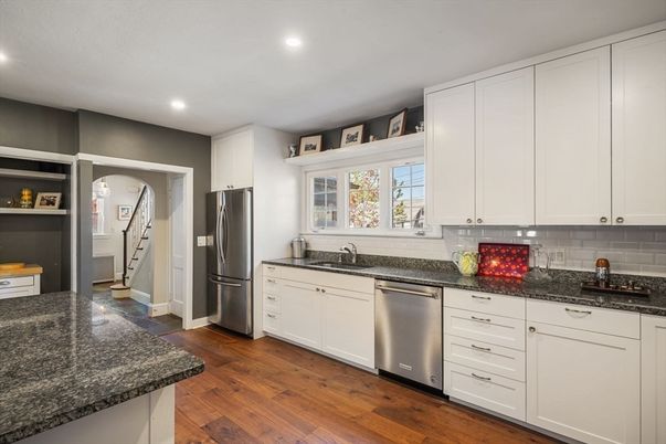 Interior, Kitchen, Recessed Lighting, Stainless Steel Appliances, Wood Texture Flooring