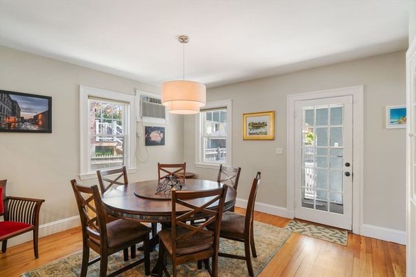 Dining room, Interior, Pendant Lights, Wood Texture Flooring
