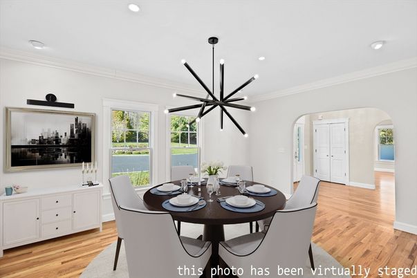 Dining room, Interior, Pendant Lights, Recessed Lighting, Wood Texture Flooring
