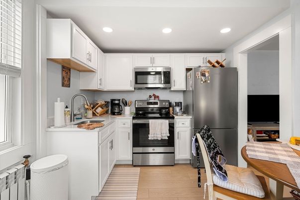 Interior, Kitchen, Recessed Lighting, Stainless Steel Appliances, Wood Texture Flooring