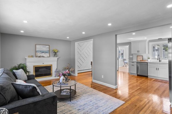 Fireplace, Interior, Kitchen, Living room, Recessed Lighting, Wood Texture Flooring