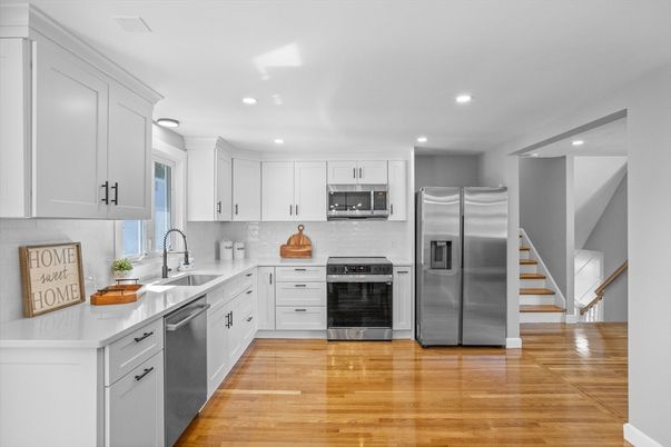Interior, Kitchen, Recessed Lighting, Stainless Steel Appliances, Wood Texture Flooring