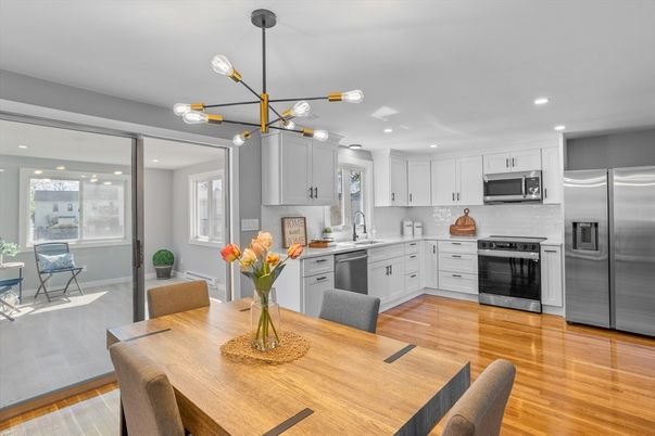 Dining room, Interior, Kitchen, Pendant Lights, Recessed Lighting, Stainless Steel Appliances, Wood Texture Flooring