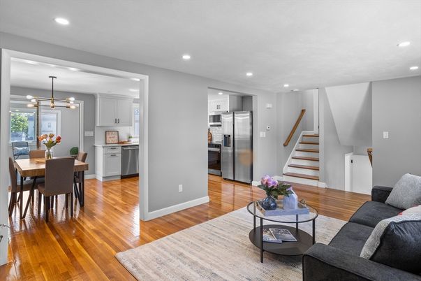 Dining room, Interior, Kitchen, Living room, Pendant Lights, Recessed Lighting, Stainless Steel Appliances, Wood Texture Flooring