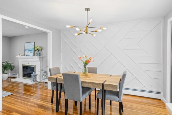 Dining room, Fireplace, Interior, Pendant Lights, Recessed Lighting, Wood Texture Flooring