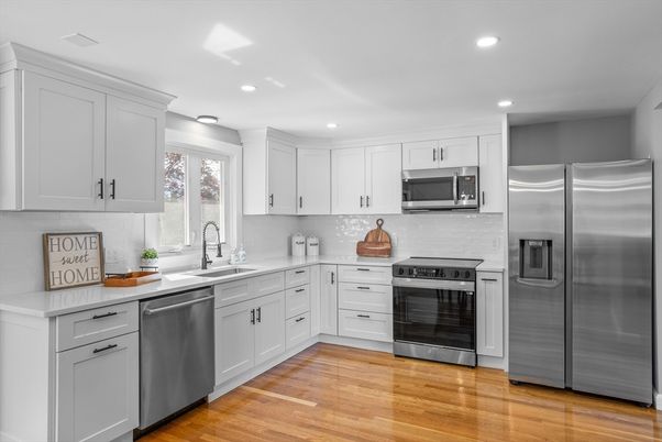 Interior, Kitchen, Recessed Lighting, Stainless Steel Appliances, Wood Texture Flooring