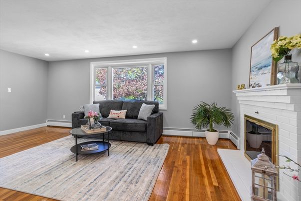 Fireplace, Interior, Living room, Recessed Lighting, Wood Texture Flooring
