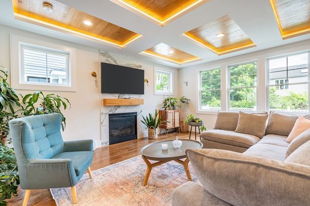 Interior, Kitchen, Marble Walls, Recessed Lighting, Stainless Steel Appliances, Wood Texture Flooring
