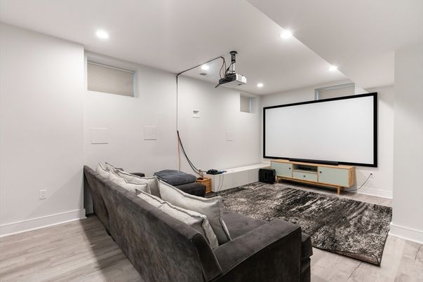 Interior, Projection Screen, Recessed Lighting, Theatre Room, Wood Texture Flooring