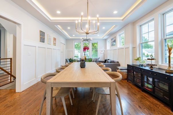 Interior, Kitchen, Marble Walls, Pendant Lights, Recessed Lighting, Stainless Steel Appliances, Wood Texture Flooring