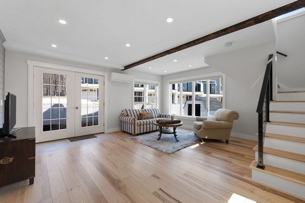 Interior, Living room, Recessed Lighting, Wooden Beams, Wood Texture Flooring