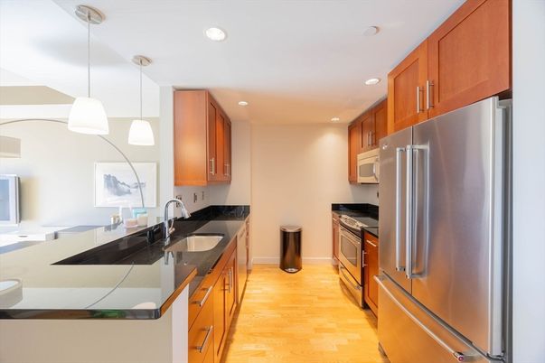 Interior, Kitchen, Pendant Lights, Recessed Lighting, Stainless Steel Appliances, Wood Texture Flooring