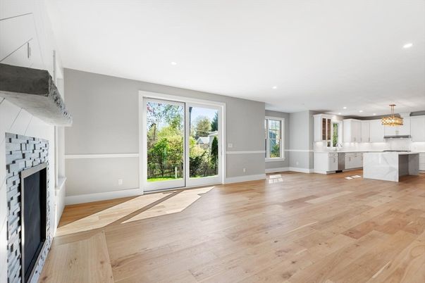 Chandelier, Fireplace, Interior, Kitchen, Recessed Lighting, Wood Texture Flooring