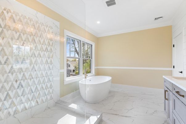 Bathroom, Free Standing Baths, Interior, Marble, Marble Walls, Recessed Lighting