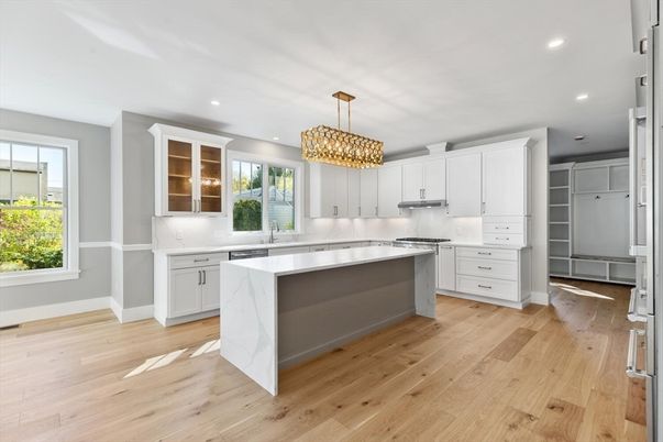 Chandelier, Interior, Kitchen, Pendant Lights, Recessed Lighting, Stainless Steel Appliances, Wood Texture Flooring