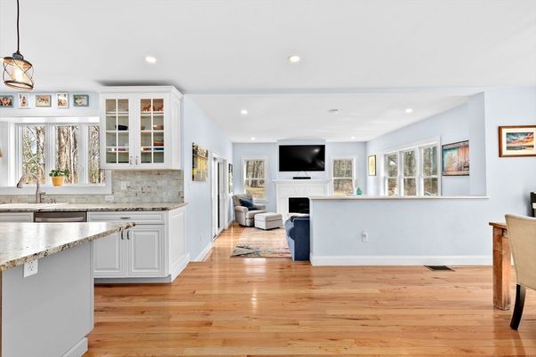 Fireplace, Interior, Kitchen, Living room, Pendant Lights, Recessed Lighting, Wood Texture Flooring