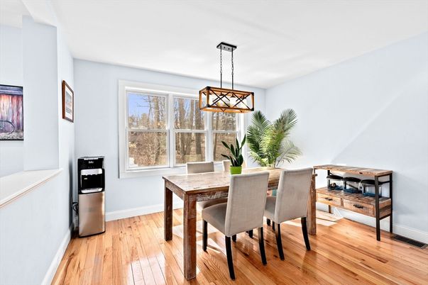 Dining room, Interior, Pendant Lights, Wood Texture Flooring