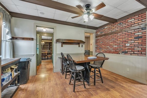 Dining room, Interior, Stone Walls, Wood Texture Flooring