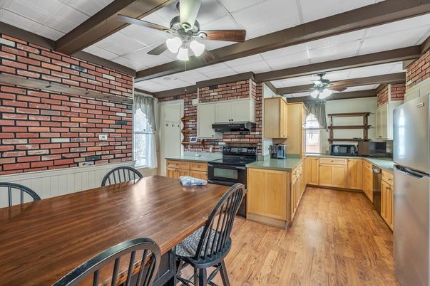 Interior, Kitchen, Stainless Steel Appliances, Stone Walls, Wooden Beams, Wood Texture Flooring