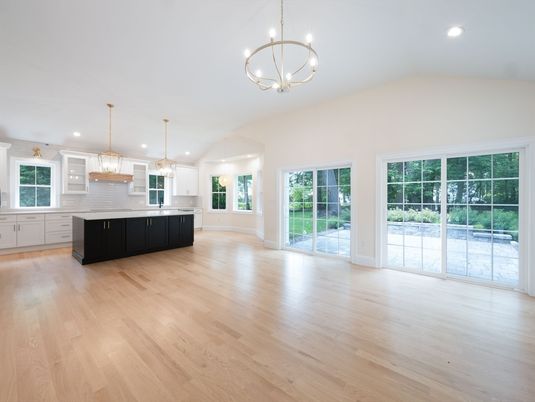 Empty room, Interior, Kitchen, Pendant Lights, Recessed Lighting, Wood Texture Flooring