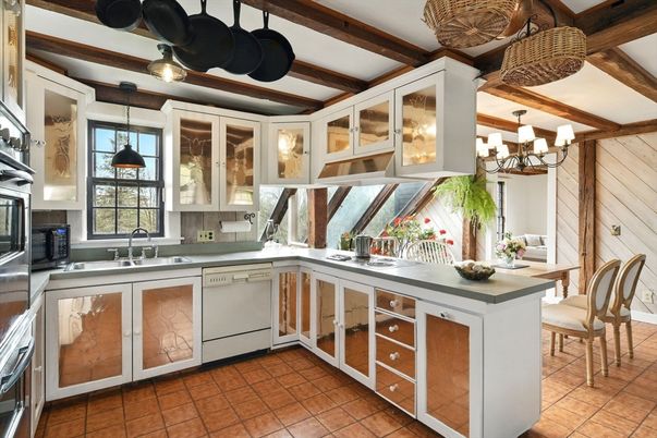 Chandelier, Interior, Kitchen, Pendant Lights, Stainless Steel Appliances, Wooden Beams