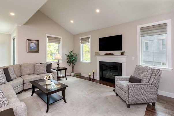 Fireplace, Interior, Living room, Recessed Lighting, Wood Texture Flooring