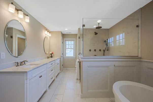 Bathroom, Dual Sink Vanities, Glass Shower, Interior, Marble, Marble Walls, Recessed Lighting