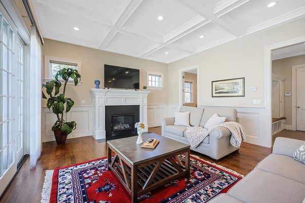 Fireplace, Interior, Living room, Recessed Lighting, Wood Texture Flooring