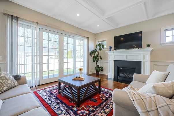 Fireplace, Interior, Living room, Recessed Lighting, Wood Texture Flooring