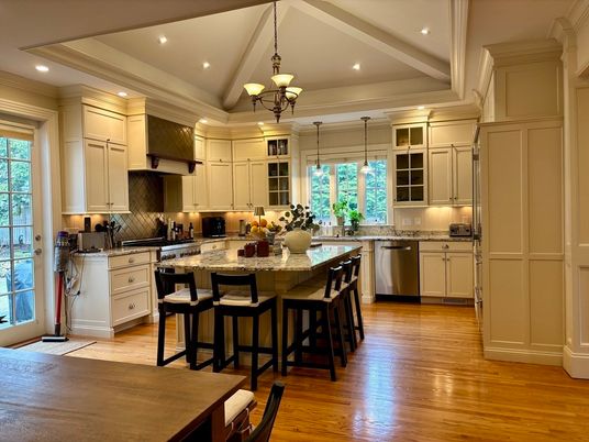 Chandelier, Interior, Kitchen, Pendant Lights, Recessed Lighting, Stainless Steel Appliances, Wood Texture Flooring