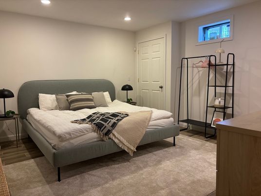 Bedroom, Interior, Recessed Lighting, Wood Texture Flooring