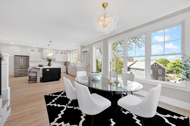 Chandelier, Dining room, Interior, Kitchen, Pendant Lights, Recessed Lighting, Stainless Steel Appliances, Wood Texture Flooring