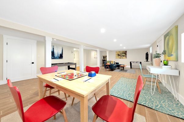Dining room, Game Room, Interior, Living room, Recessed Lighting, Wood Texture Flooring