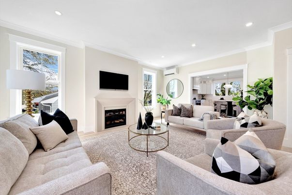 Fireplace, Interior, Living room, Pendant Lights, Recessed Lighting, Wood Texture Flooring