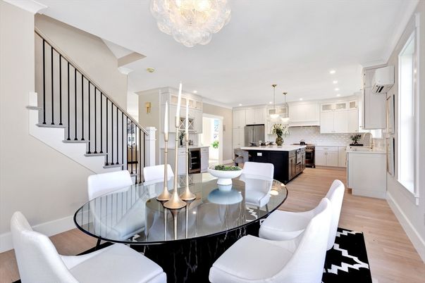 Chandelier, Dining room, Interior, Kitchen, Pendant Lights, Recessed Lighting, Stainless Steel Appliances, Wood Texture Flooring