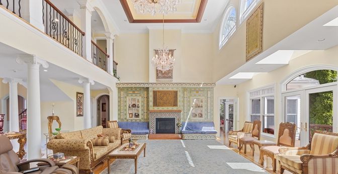 Chandelier, Fireplace, Interior, Living room, Recessed Lighting