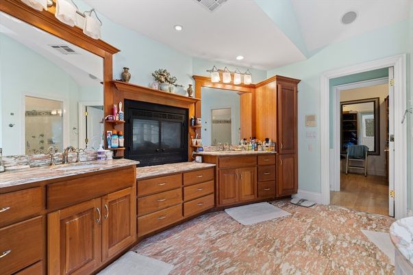 Bathroom, Dual Sink Vanities, Interior, Recessed Lighting, Wood Texture Flooring