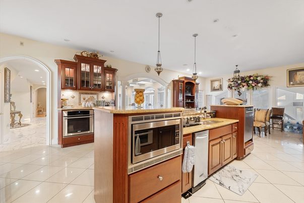 Interior, Kitchen, Marble, Pendant Lights, Recessed Lighting, Stainless Steel Appliances