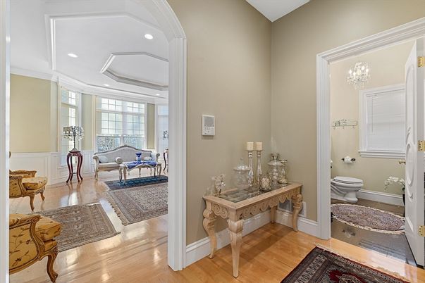 Bathroom, Chandelier, Interior, Recessed Lighting, Wood Texture Flooring