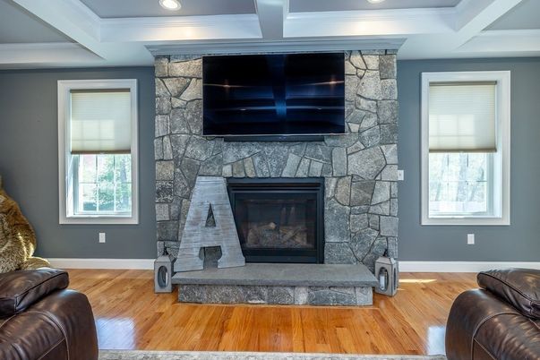 Fireplace, Interior, Recessed Lighting, Stone Walls, Wood Texture Flooring