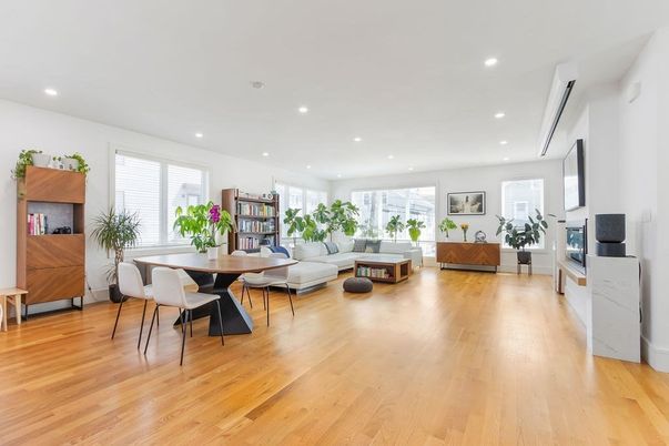 Dining room, Fireplace, Interior, Living room, Recessed Lighting, Wood Texture Flooring