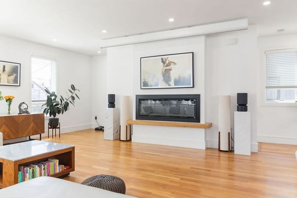 Fireplace, Interior, Recessed Lighting, Wood Texture Flooring