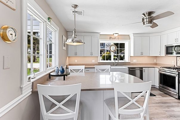 Interior, Kitchen, Pendant Lights, Stainless Steel Appliances, Wood Texture Flooring