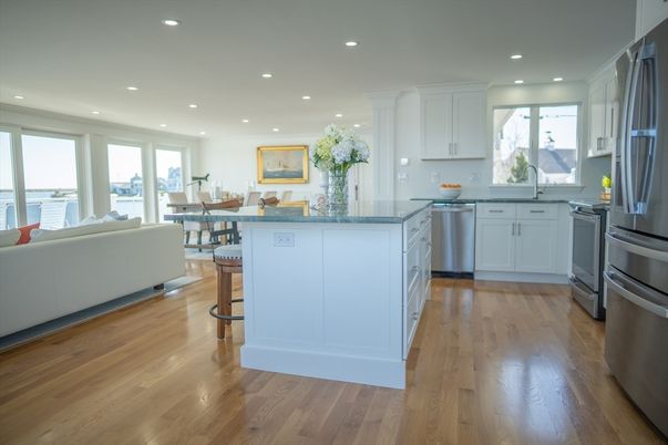 Dining room, Interior, Kitchen, Living room, Recessed Lighting, Stainless Steel Appliances, Wood Texture Flooring