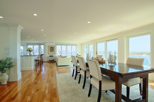 Dining room, Interior, Living room, Recessed Lighting, Wood Texture Flooring