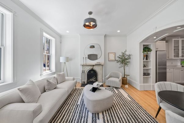 Fireplace, Interior, Living room, Recessed Lighting, Wood Texture Flooring