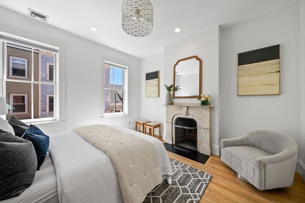 Bedroom, Fireplace, Interior, Recessed Lighting, Wood Texture Flooring