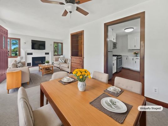 Dining room, Fireplace, Interior, Kitchen, Living room, Stainless Steel Appliances