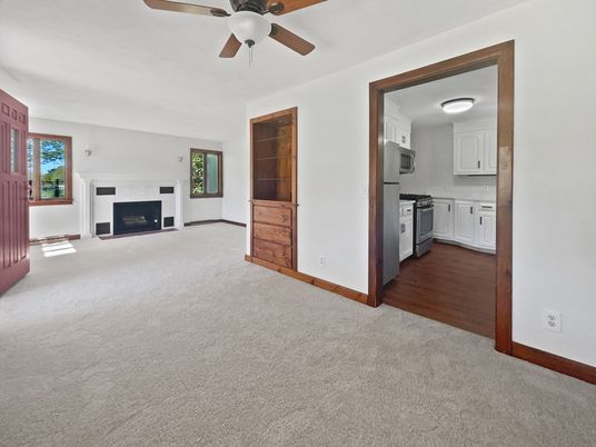 Empty room, Fireplace, Interior, Kitchen, Wood Texture Flooring