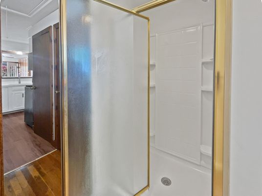 Bathroom, Glass Shower, Interior, Wood Texture Flooring